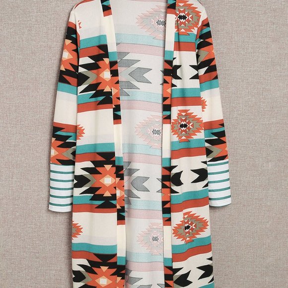 Aztec Southwest Western Multicolor Geometric Open Front Long Cardigan w/pockets - Picture 3 of 11